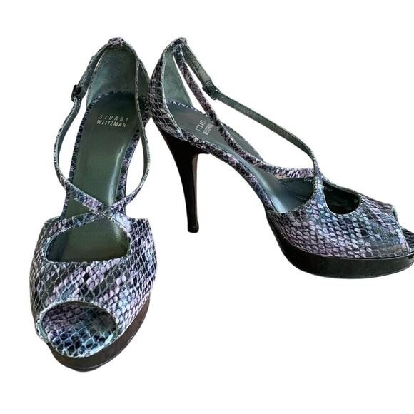 Stuart Weitzman Pumps Purple Snake Skin Peep Toe Heels Sexy 2010s Size 8 - Picture 1 of 10
